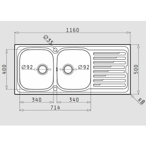 Built-in sink Amaltia, kitchen sink 116x50cm, double...