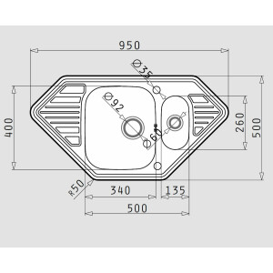 Medusa corner sink, built-in sink 95x50cm, kitchen sink...