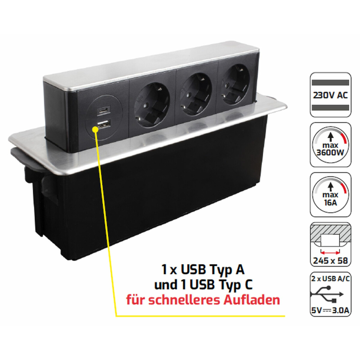 Einbausteckdose mit USB, 3-fach Schreibtisch-Steckdose ...