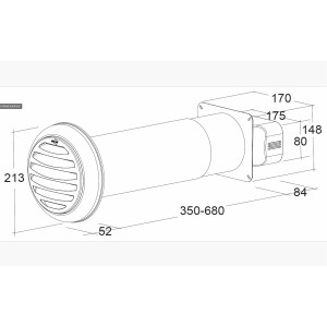 Flat duct 175x80mm, telescopic wall sleeve 350-680mm,...