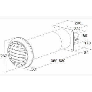 Flat duct 222x89mm, telescopic wall sleeve 350-680mm,...