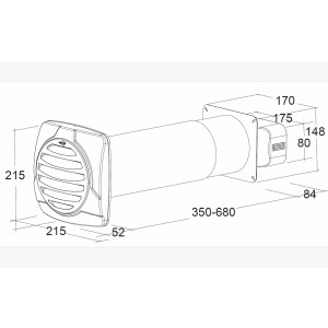Flat duct 175x80mm, telescopic wall sleeve 350-680mm,...